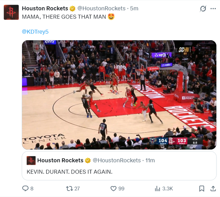 杜兰特绝杀三分逆转鹈鹕 火箭险胜